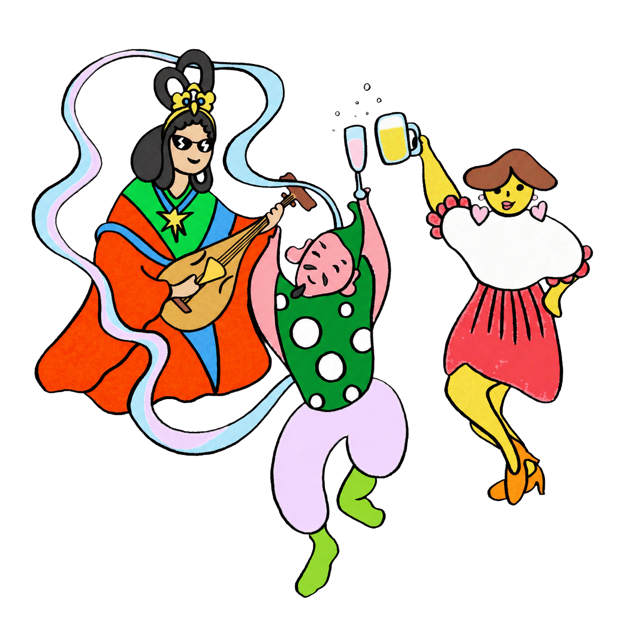 音楽と飲み物を楽しむ3人のキャラクター