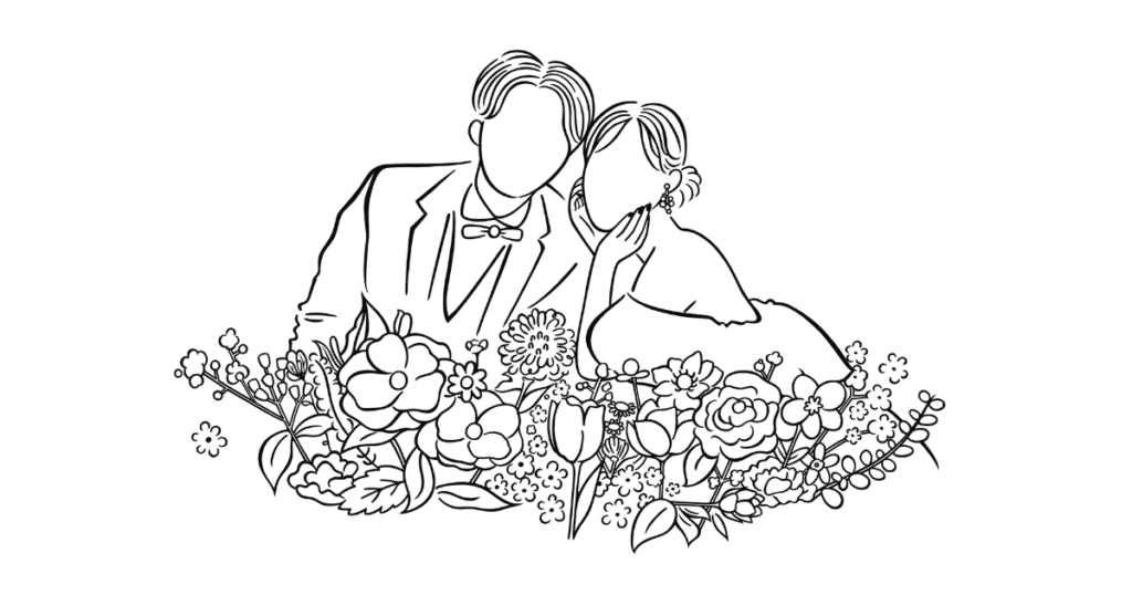 新郎新婦をシンプルなモノクロ線画で描いたウェディングイラスト