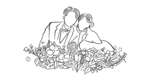 新郎新婦をシンプルなモノクロ線画で描いたウェディングイラスト