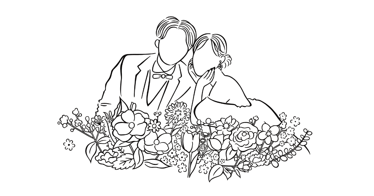新郎新婦をシンプルなモノクロ線画で描いたウェディングイラスト
